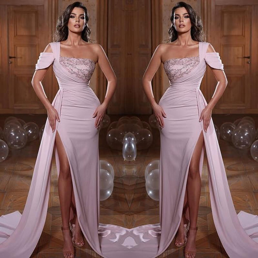 Glamorous One Shoulder Mermaid Sequins Evening Dress with Slit Ruffles
