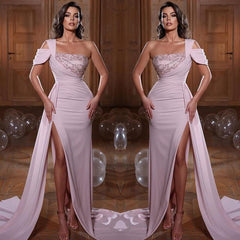 Charming One Shoulder Pink Mermaid Prom Dress Long Split Ruffles With Beads