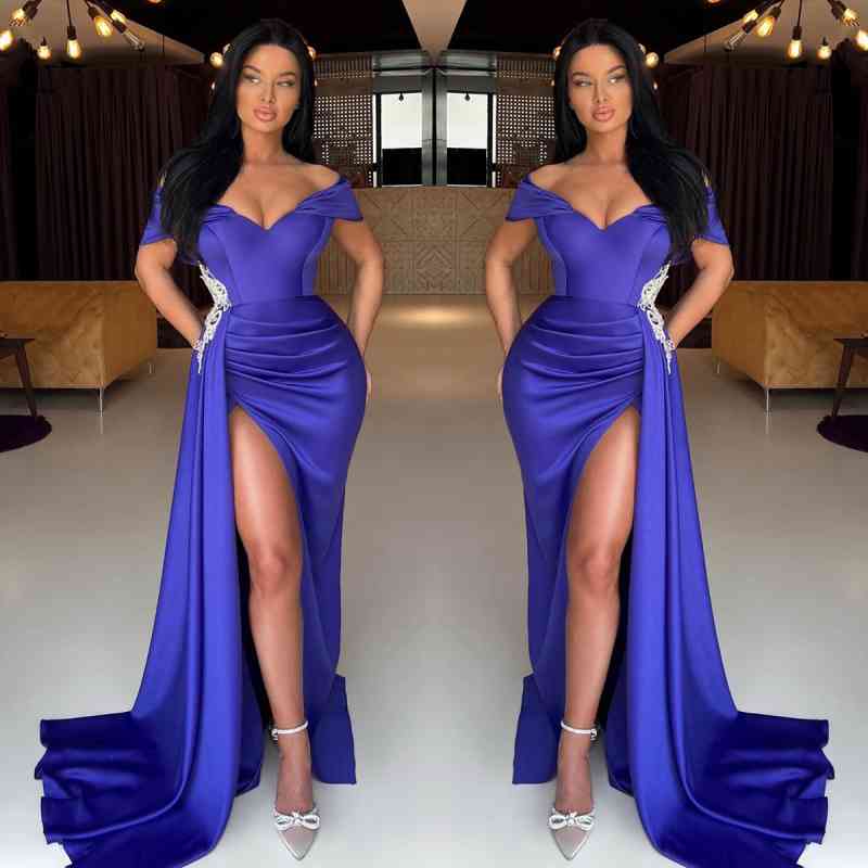 Modern Off-the-Shoulder Mermaid Prom Dresseses Slit Ruffles Long With Applique