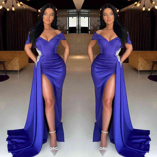 Modern Off-the-Shoulder Mermaid Prom Dresseses Slit Ruffles Long With Applique