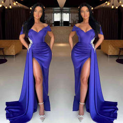 Modern Off-the-Shoulder Mermaid Prom Dresseses Slit Ruffles Long With Applique