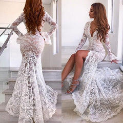 Elegant Long Sleeves Lace V-Neck Prom Dress Mermaid Online
