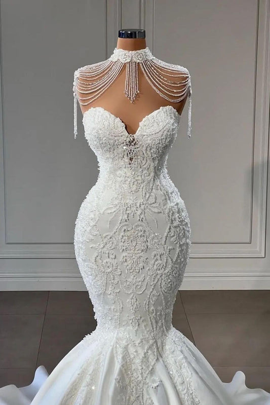 Long Pearl Wedding Dress in Elegant Mermaid Sweetheart Satin with Lace