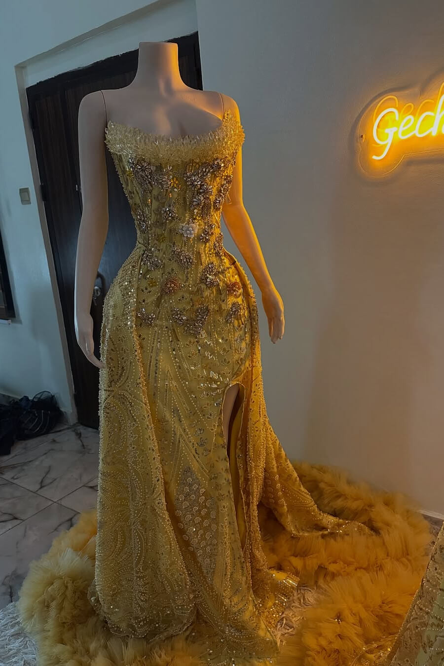 Modern Gold Strapless Beaded Prom Dress Mermaid Split Long With Detachable Skirt