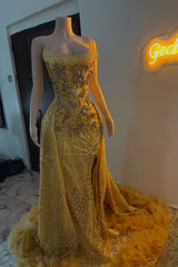 Modern Gold Strapless Beaded Prom Dress Mermaid Split Long With Detachable Skirt