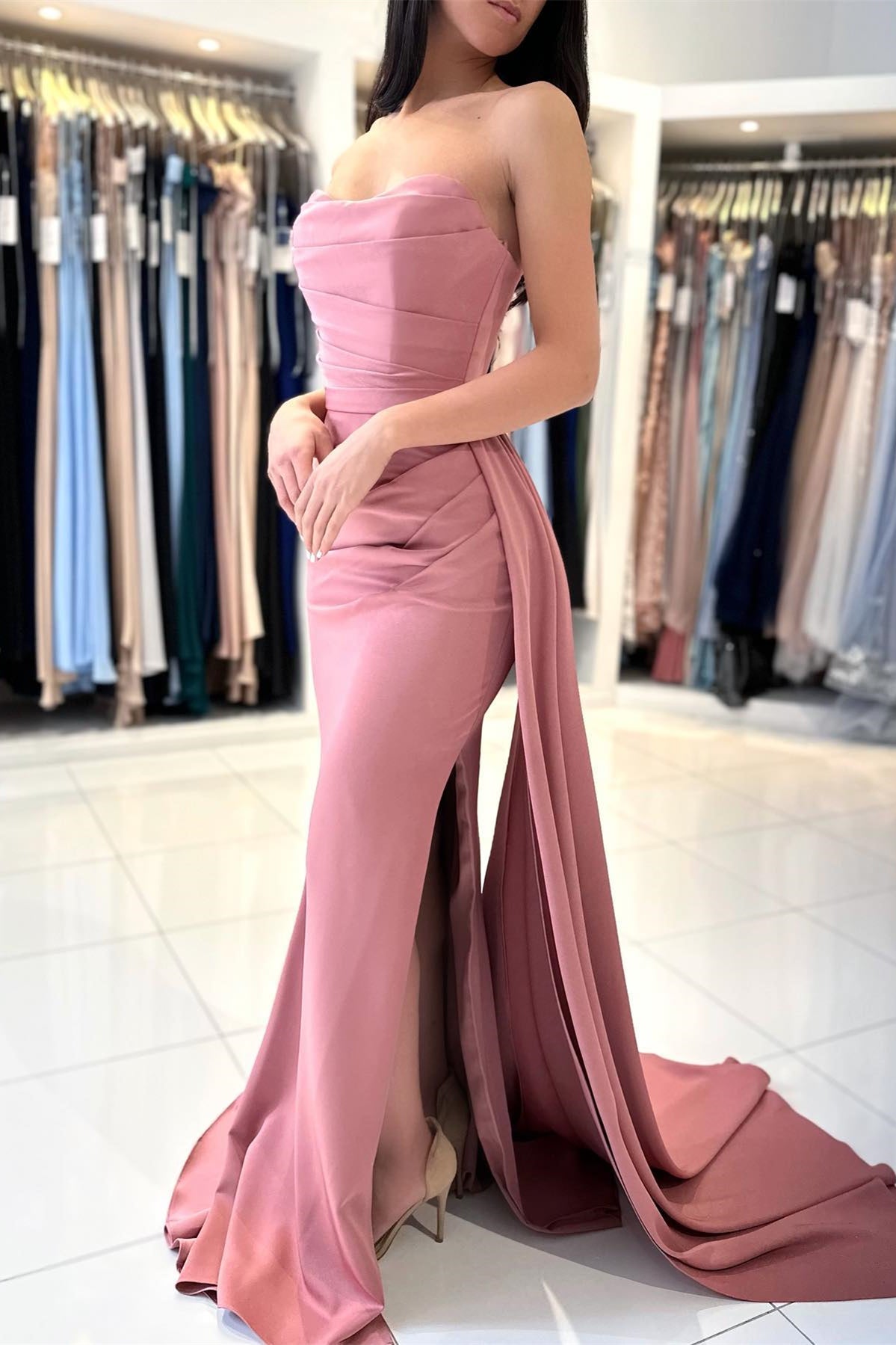New Arrival Dusty Rose Mermaid Prom Dress Starpless Pleats With Slit
