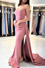 New Arrival Dusty Rose Mermaid Prom Dress Starpless Pleats With Slit