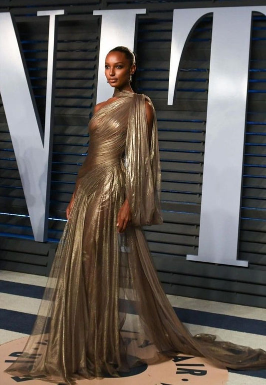 Dark Golden Tulle Prom Dress Long One Shoulder Pleated Sleeveless