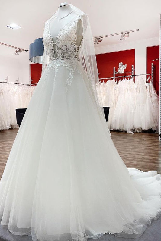 Elegant V-Neck A-Line Wedding Gown with Open Back and Tulle Lace