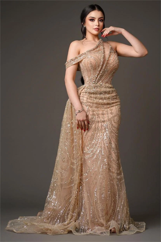 Champagne Gold One-Shoulder Sleeveless Beads Embroidery Prom Dress