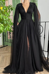 Elegant Black V-neck Long Sleeve Applique Front Split Prom Dress