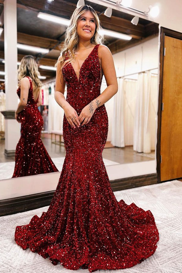Charming V Neck Long Mermaid Sweep Evening Dress Sequins