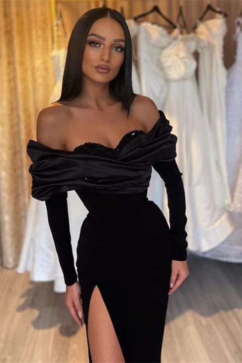 Modest Off-the-Shoulder Black Long Sleeves Prom Dress Mermaid Long With Split