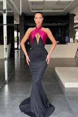 Glorious Halter V-Neck Sleeveless Prom Dresss Mermaid Long Black