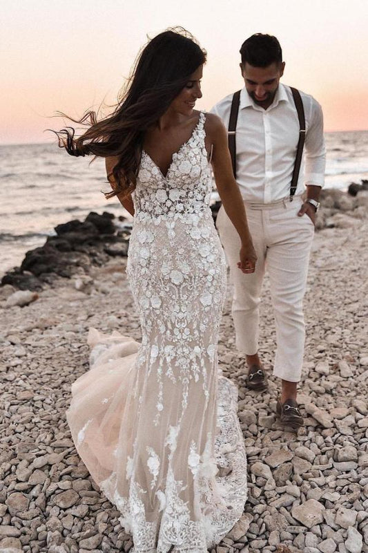 Elegant Lace Backless Mermaid Wedding Dress with Long V-neck and Floral Details
