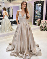 Spaghetti-Straps Stunning Sequins Long Prom Dresses Sleeveless V-Neck