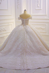 Off-The-Shoulder Satin Wedding Dress in Pink with Modest Ball Gown Ruffles and Sequins Beading