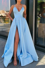Gorgeous Spaghetti-Straps Sleeveless Prom Dress Split With Pockets