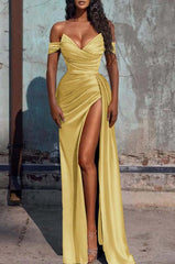  Dusty Blue Off-the-Shoulder Mermaid Prom Dress with Slit