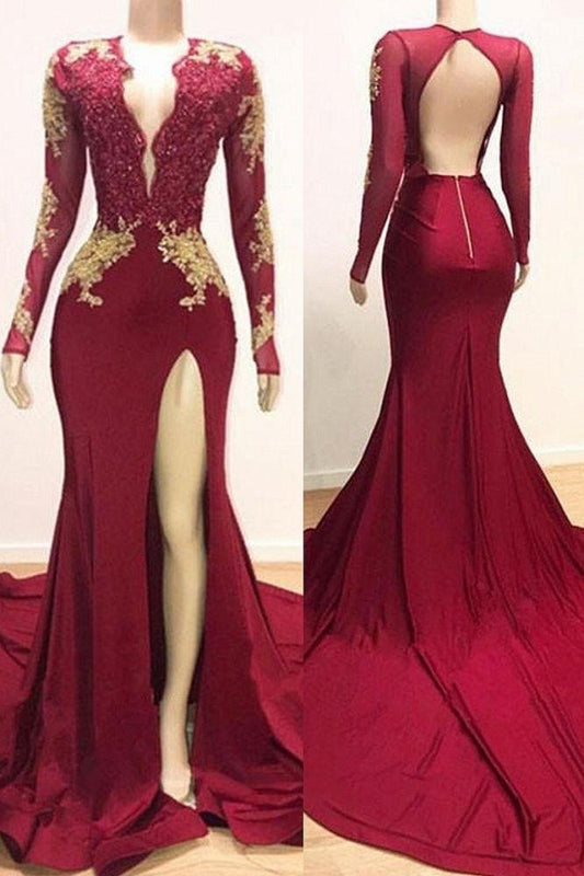 Long Sleevess Lace Appliques Mermaid Prom Dress With Slit