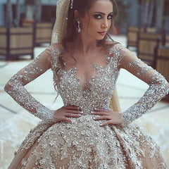Wedding Dress with Beads and Appliques, Long Sleeve Ball Gown
