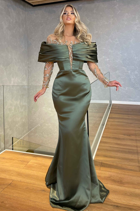 Green Prom Dress Off-the-shoulder Long Sleeves Beaded Embellished Mermaid Dress