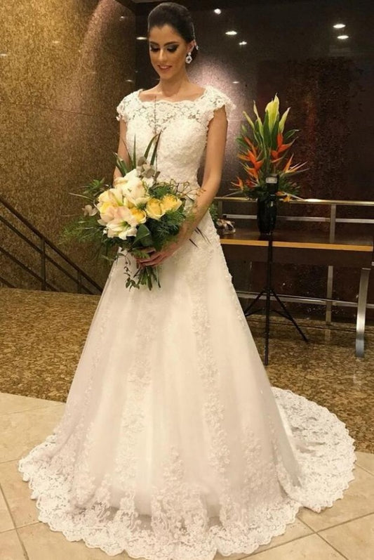 Long A-line Vintage Lace Wedding Dress in Jewel Tone Floor Length
