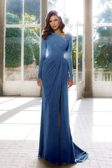 Elegant Long Sleeve Yellow Prom Dress Asymmetric Pleated Slit