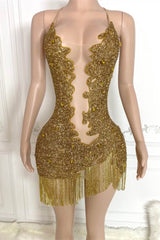 Modern Gold Spaghetti-Straps Sleeveless Short Prom Dress With Beadings Tassels
