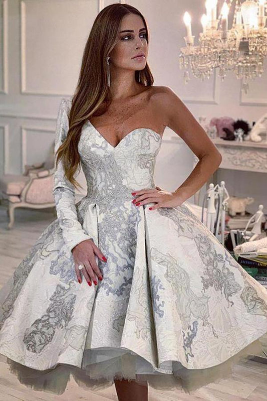 Elegant One-Shoulder Floral Short Wedding Dress with A-line Sleeves