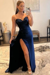 Modern Navy Blue Sweetheart Mermaid Prom Dress Pleats With Split Appliques