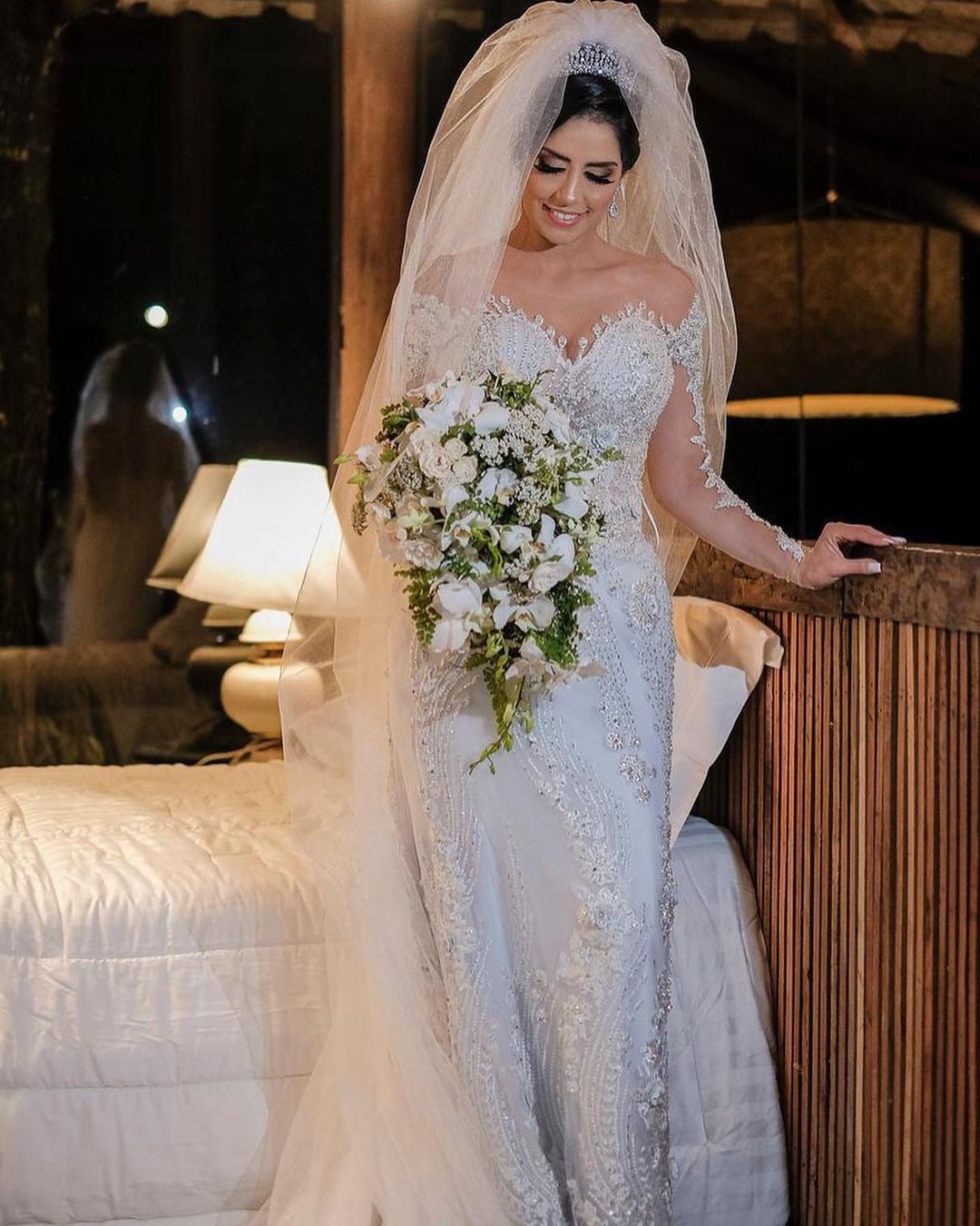 Elegant Off-the-Shoulder Mermaid Wedding Gown with Lace Appliques and Long Sleeves