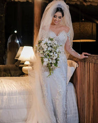 Elegant Off-the-Shoulder Mermaid Wedding Gown with Lace Appliques and Long Sleeves