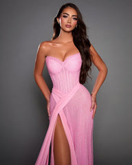 Stunning Pink Sweetheart Prom Dress High Slit Long With Beadings