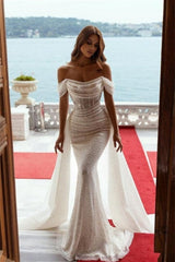 Classic Off-the-Shoulder Sequins Prom Dress Mermaid Long Overskirt