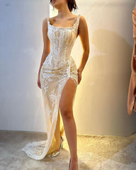 Beautiful Strapless Lace Prom Dresses High Split Long 