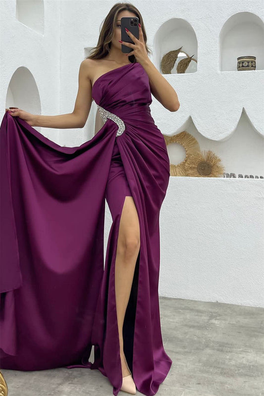 Dark Purple Split Sequins Mermaid One Shoulder Evening Dress with Long Ruffles