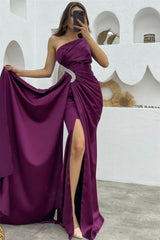 Dark Purple Split Sequins Mermaid One Shoulder Evening Dress with Long Ruffles
