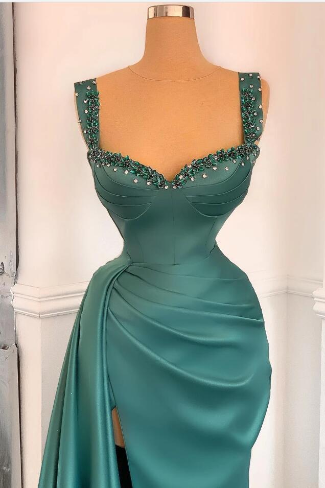Stunning Straps Beadings Long Prom Dress Sleeveless With Slit