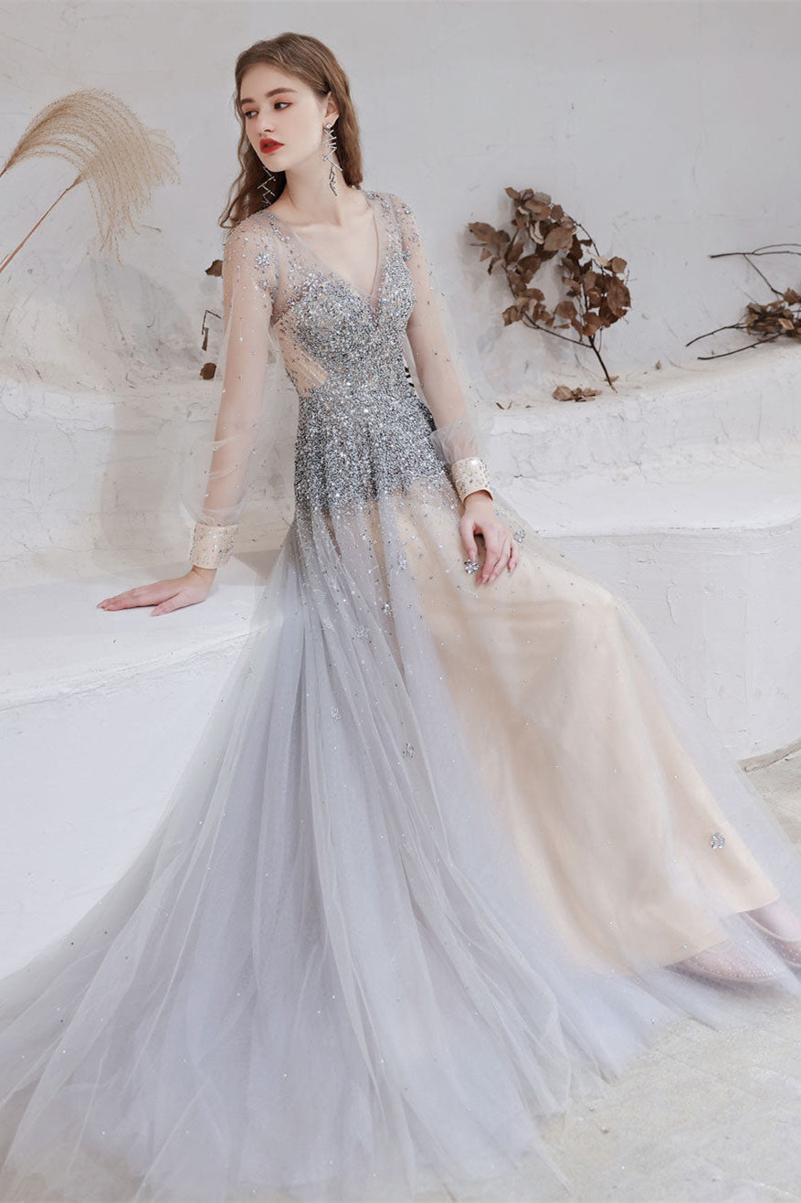 Gorgeous Long Sleeves Fairy Tulle Prom Dress Long With Beads V-Neck