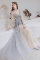 Gorgeous Long Sleeves Fairy Tulle Prom Dress Long With Beads V-Neck