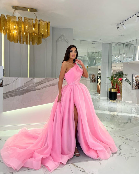 Black A Line Prom Dress One Shoulder Long Split Sleeveless