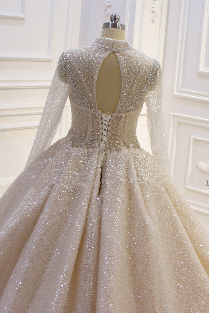 High-neck Vintage Wedding Gown with Long Sleeves and Sequins in Satin