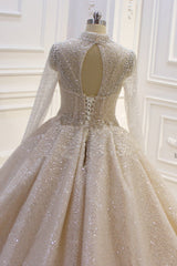 High-neck Vintage Wedding Gown with Long Sleeves and Sequins in Satin
