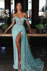 Ligth Blue Ruffles Off-the-Shoulder Mermaid Long Evening Dress with Sequins Split