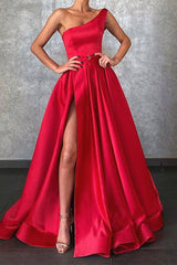 Gorgeous One Shoulder Red Prom Dress Split With Pockets