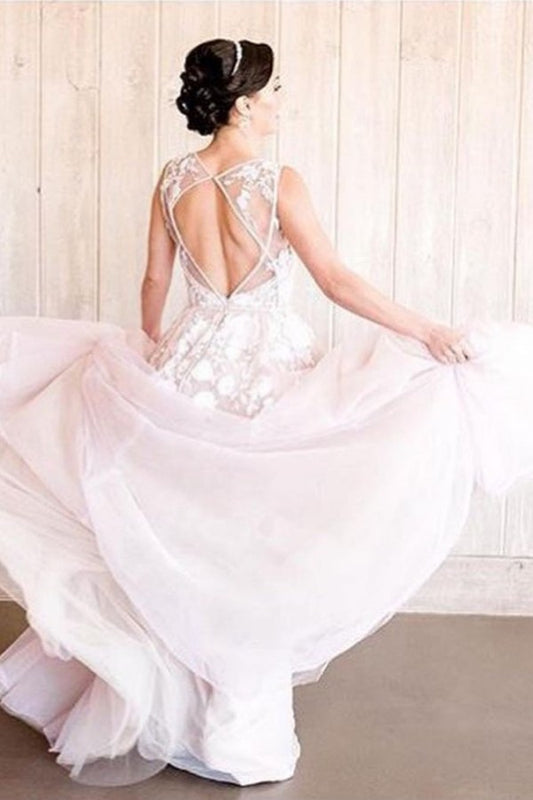 Elegant A-line Tulle Wedding Dress with Deep V-neck, Wide Straps, and Open Back Lace Appliques