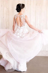 Elegant A-line Tulle Wedding Dress with Deep V-neck, Wide Straps, and Open Back Lace Appliques