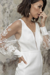 Lace Wedding Dress with V Neck and Long Sleeves in Charmeuse