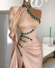 One Shoulder Long Sleevess Beadings Mermaid Prom Dress